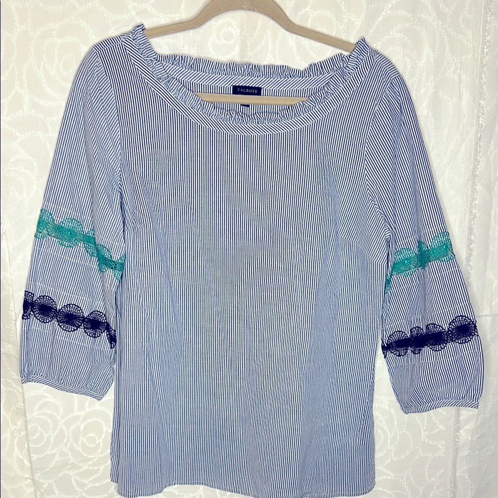 TALBOTS blue and white striped women’s top with embroidered wide sleeves. Size M